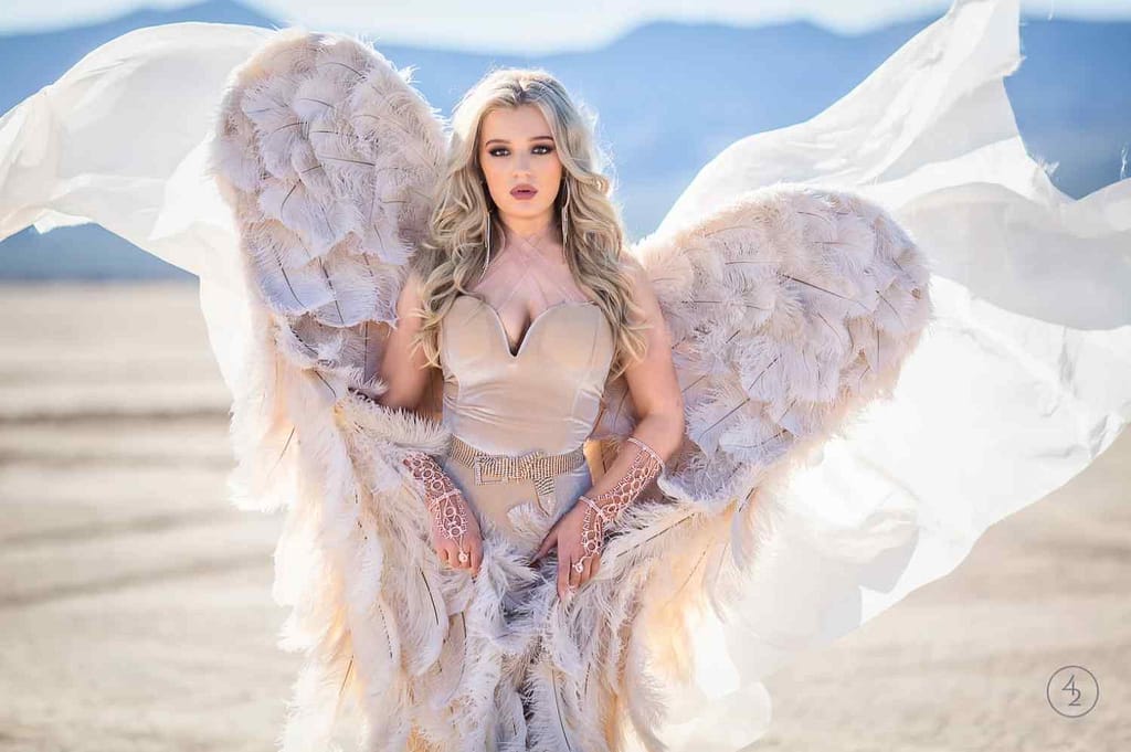 High school senior picture of girl dressed in white wings and a veil