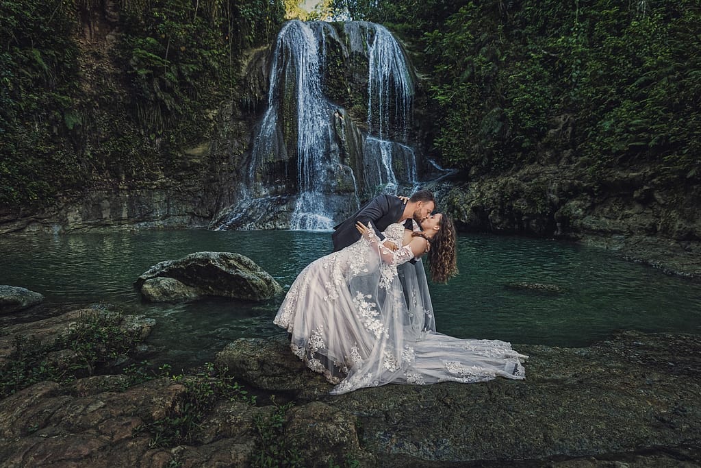 Bride and groom dip in Puerto Rico